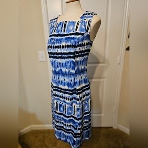Tahari Blue Black and White Printed Sheath Dress Size 4